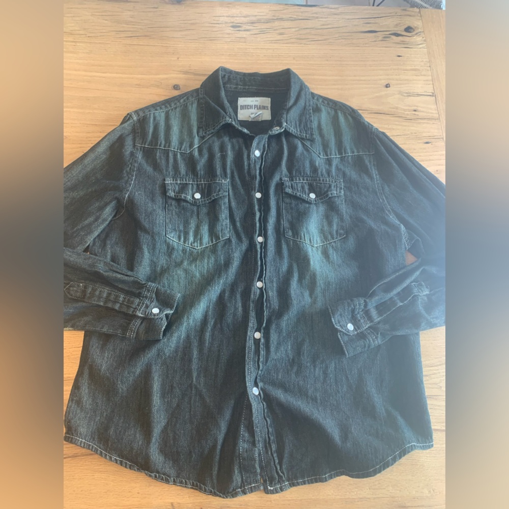 Ditch Plains New York Distressed Snap‎ Down Shirt Dark Blue Men’s Large Preowned